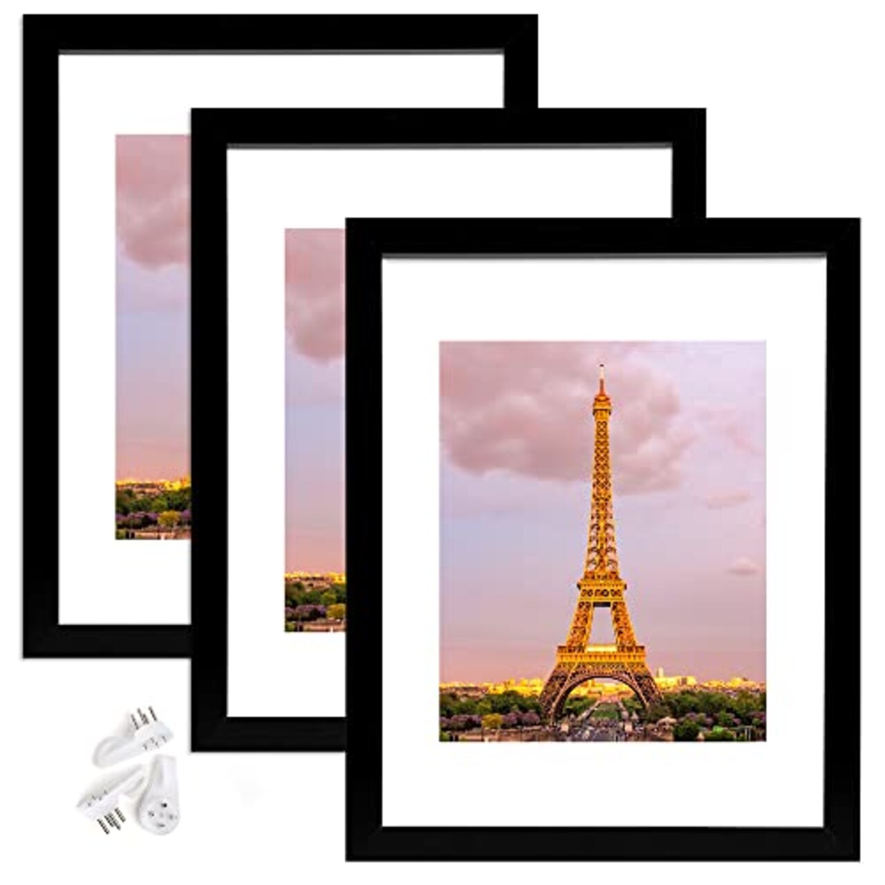 11x14 Picture Frame Set of 3, Made of High Definition Glass for 8x10 with Mat or 11x14 Without Mat, Wall Mounting, Black